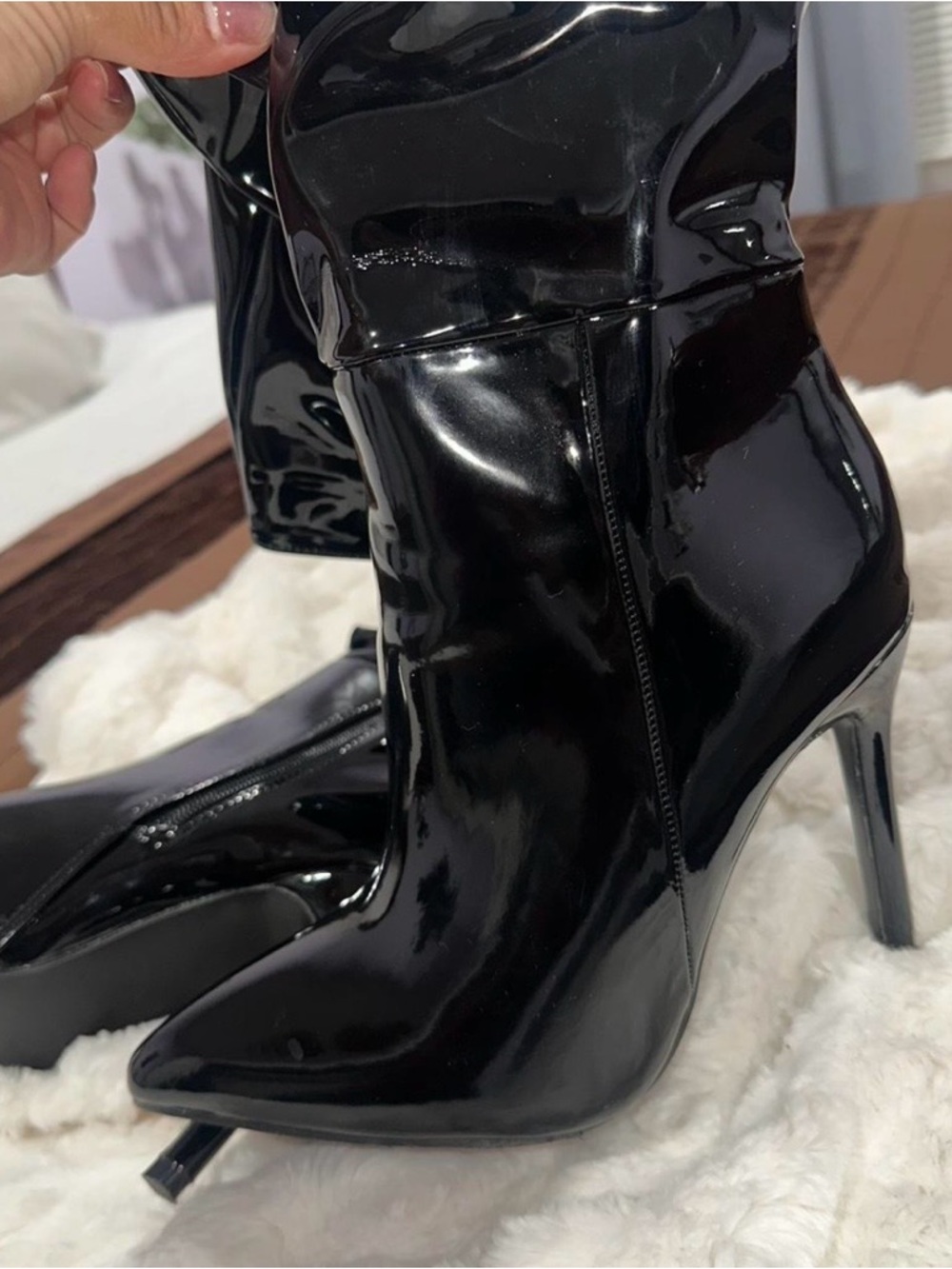 Black Patent High Heel Knee-High Boots - Women's Fashion Boot - Picture 3 of 4
